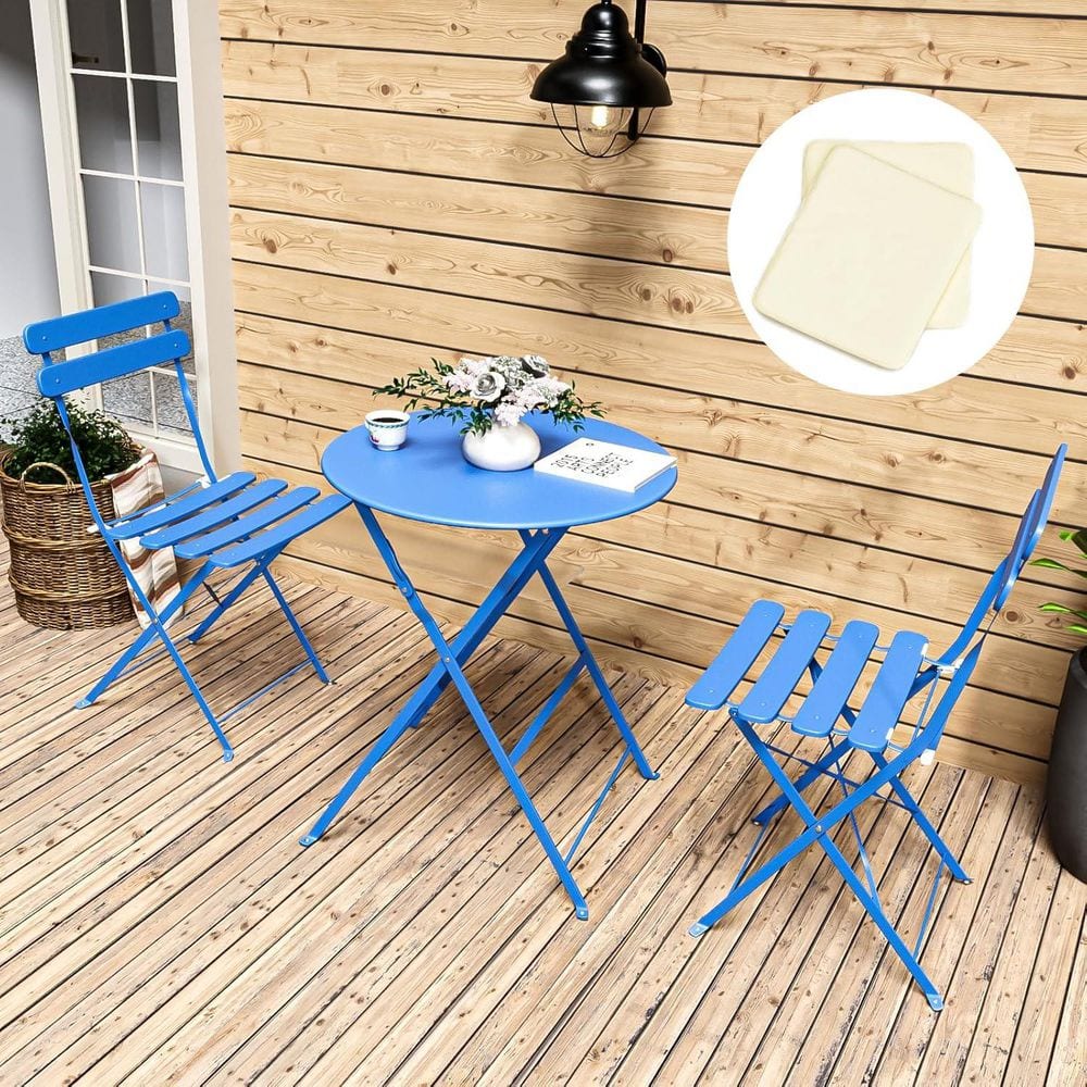 3-Piece Metal Foldable Outdoor Bistro Balcony Chair Table Set with White Cushions, Blue price history on PriceWatchPro
