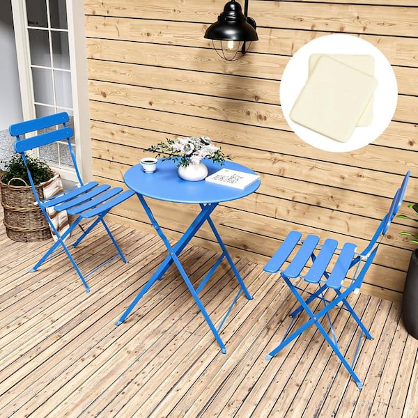 AUTMOON 3-Piece Metal Foldable Outdoor Bistro Balcony Chair Table Set with White Cushions, Blue