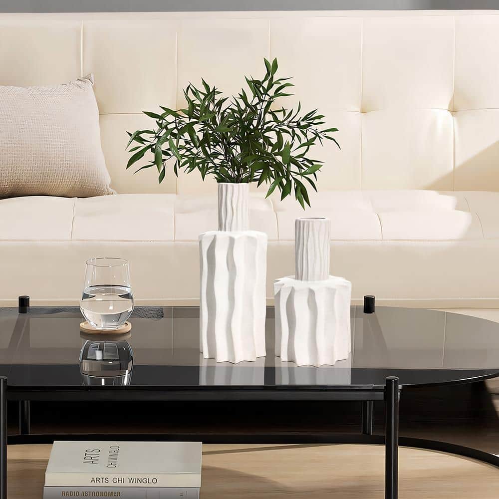 White Ceramic Fluted Decorative Table Vase 11.8"