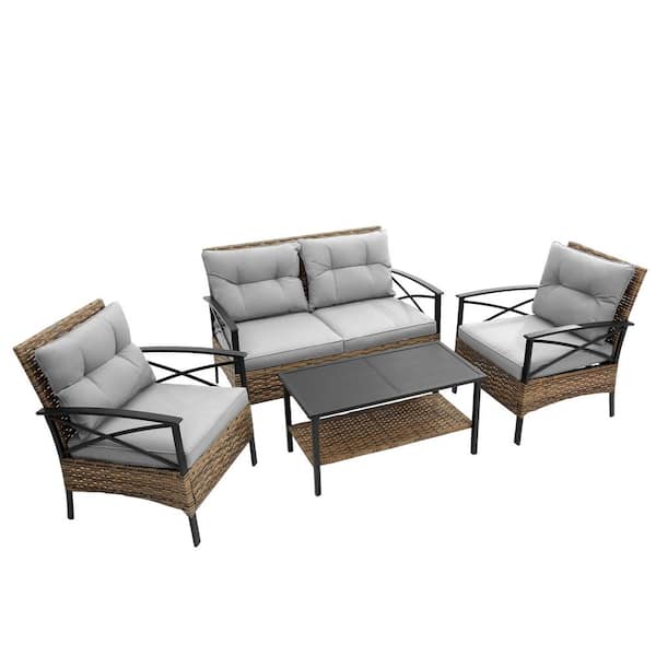 Zeus & Ruta 4-Piece Brown PE Rattan Wicker Steel Frame Patio Conversation Set with Gray Cushions and Coffee Table