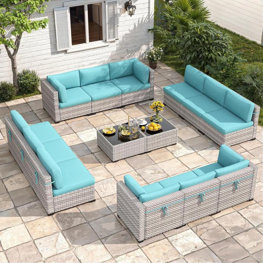 14-Piece Wicker Outdoor Patio Conversation Seating Set with Blue Cushions price history on PriceWatchPro
