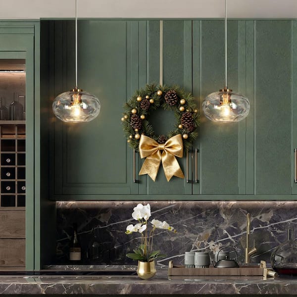 Chrysa Modern 1-Light Plated Brass Iridescent Glass Globe Pendant Light Kitchen Island Hanging Lantern with Clear Wire