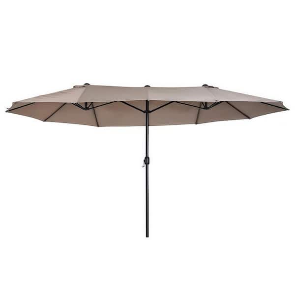 15 ft. Double-Sided Rectangular Patio Umbrella in Tan White with Crank, Extra Large for Deck Lawn Backyard Pool