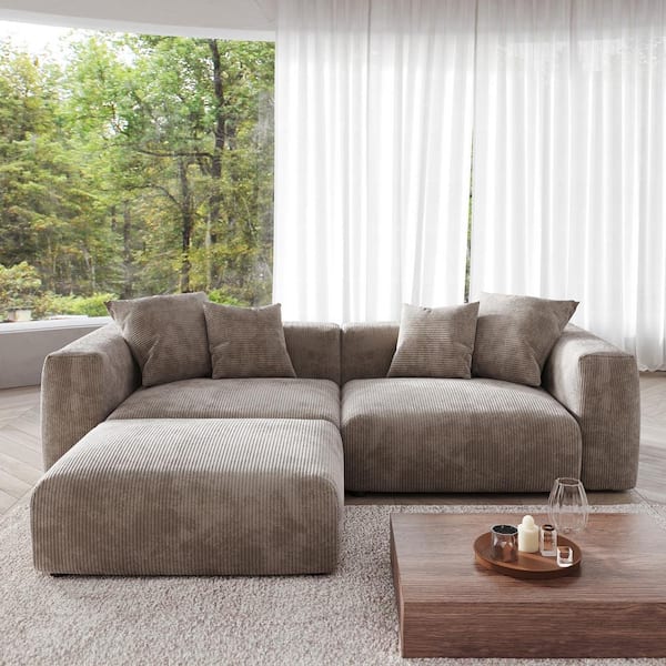 J&E Home 102.3 in. Square Arm Corduroy Velvet 3-Pieces Modular Free Combination Sectional Sofa in Brown