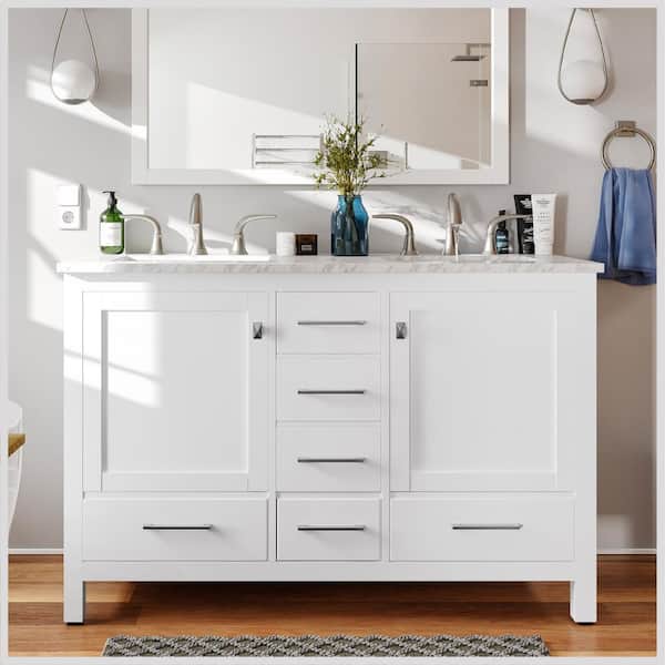 Eviva Aberdeen 48 in. W x 22 in. D x 34 in. H Double Bath Vanity in White with White Carrara Marble Top with White Sinks