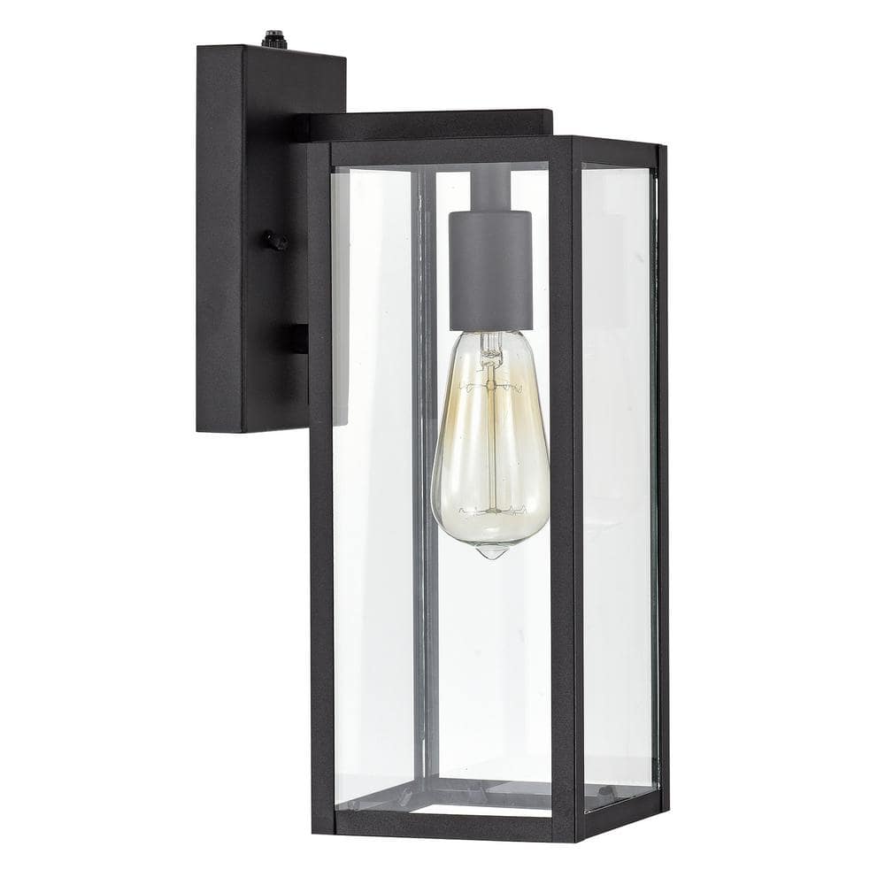 14.50 in. Textured Black Outdoor Light Control Wall Lantern Sconce with Cle