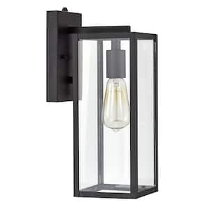 14.50 in. Textured Black Outdoor E26 Light Control Wall Lantern Sconce with Clear Glass Shade Weather Resistant (2-Pack)
