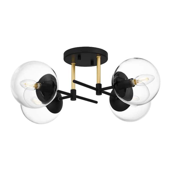 Hampton Bay Woodleaf 21.88 in. 4-Light Matte Black and Gold Semi-Flush Mount Light with Clear Glass Shades