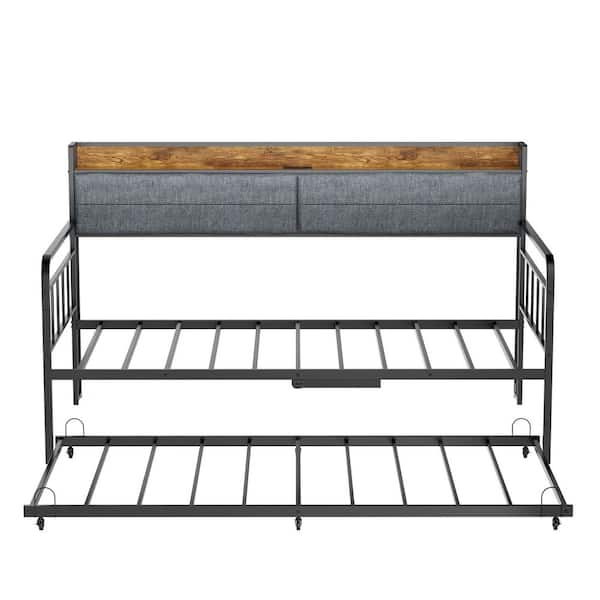Sturdy Metal Black Twin Daybed with Trundle Upholstered Headboard and Charging Station