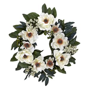 22.0 in. Artificial H White Magnolia Wreath
