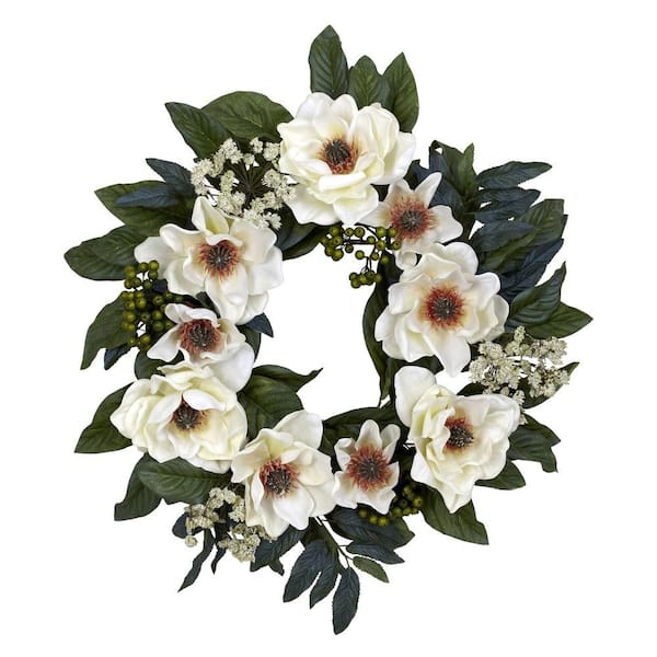 Nearly Natural 22.0 in. Artificial H White Magnolia Wreath