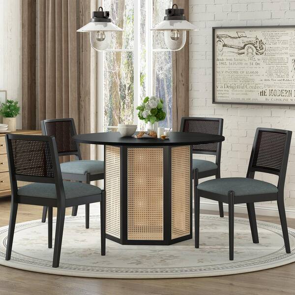 Harper & Bright Designs Rattan 5-Piece Round Black and Gray MDF Wood Dining Table Set Seats 4 with 4 Linen Chairs, Hexagonal Base