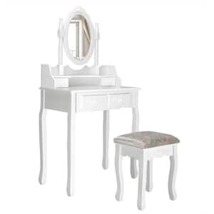 2-Piece White Vanity Wood Makeup Dressing Table Stool Set Jewelry Desk with 4-Drawer and Mirror