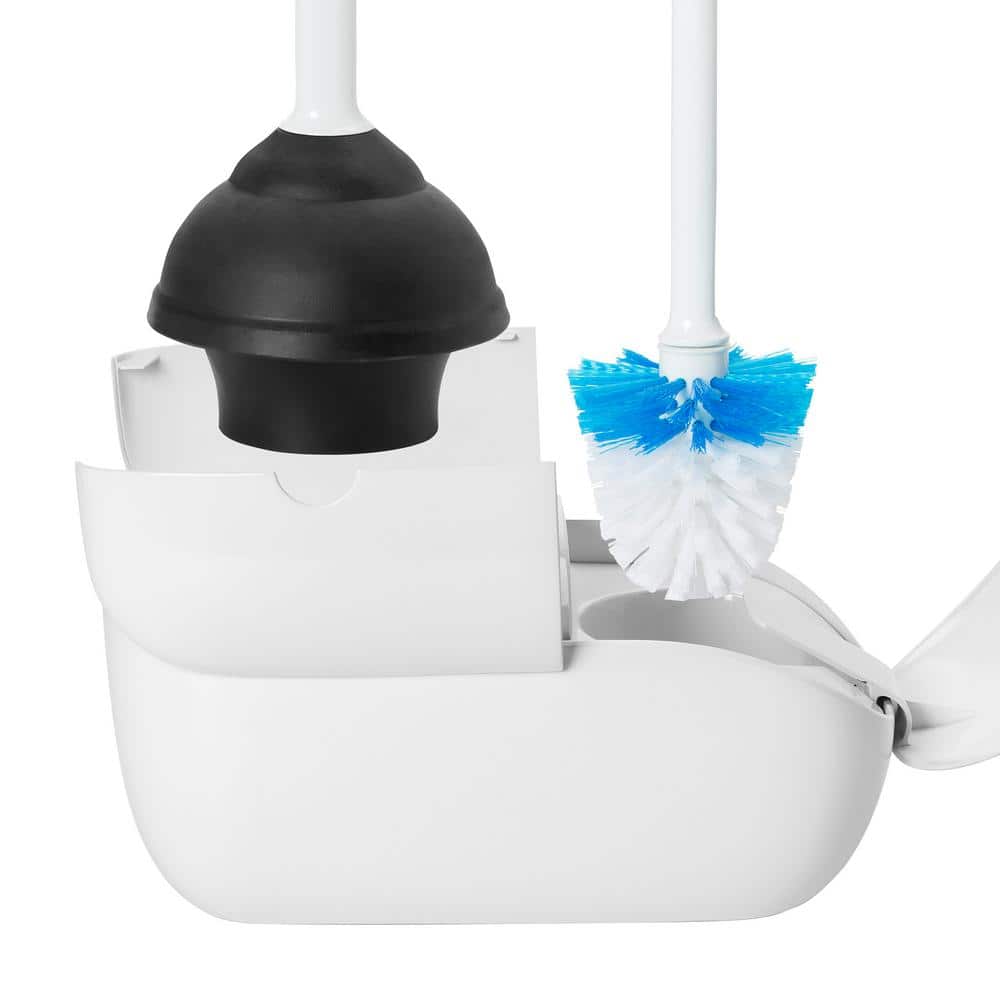 White Plastic Toilet Brush and Plunger Set with Holder