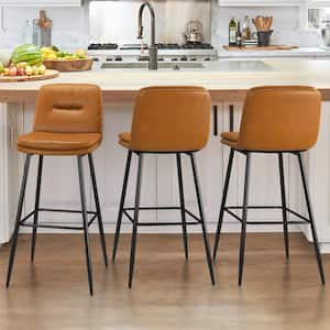30 in. Whiskey Brown Metal Frame Faux Leather Upholstered Bar Chairs Armless Bar Stool with Back and Footrest (Set of 3)