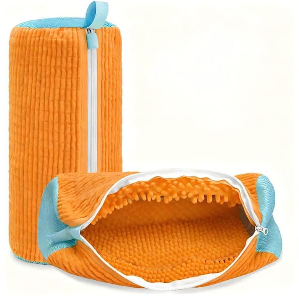 Orange Shoe Washing Bags, 2 Pack Microfiber 360° Cleaning Laundry Bags with Invisible Zipper, Protective Washer Bags