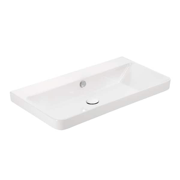 WS Bath Collections Luxury 80 WG Wall Mount or Drop-In Rectangular Bathroom Sink in Glossy White without Faucet Hole