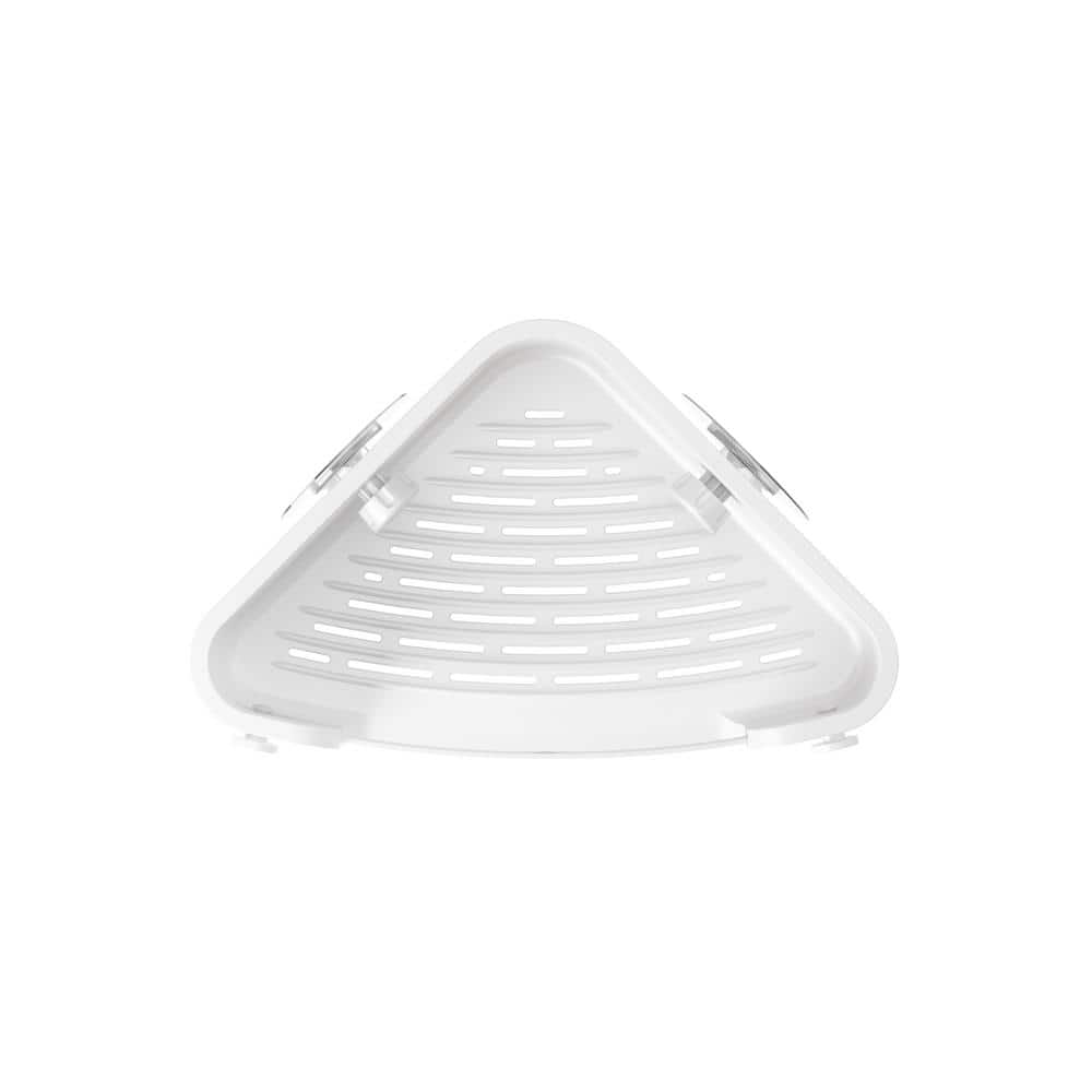 White Plastic Adhesive Shower Corner Bin with Hooks
