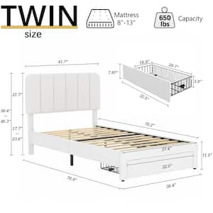 Platform Storage Bed White Metal Frame Twin Platform Bed with Velvet Upholstered Headboard & 1 Drawer