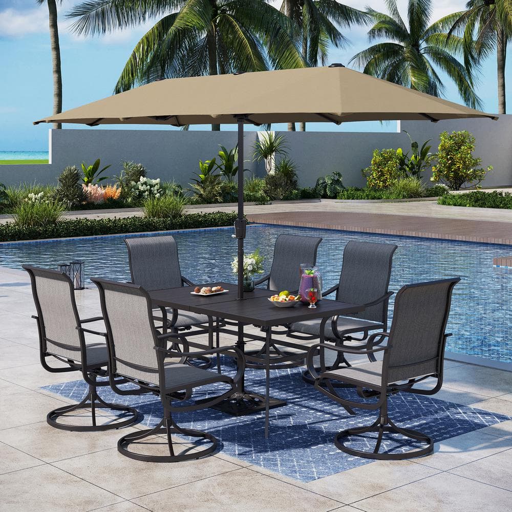 Black 8-Piece Metal Rectangle Patio Outdoor Dining Set with Table, Umbrella and Textilene Swivel Chairs price history on PriceWatchPro