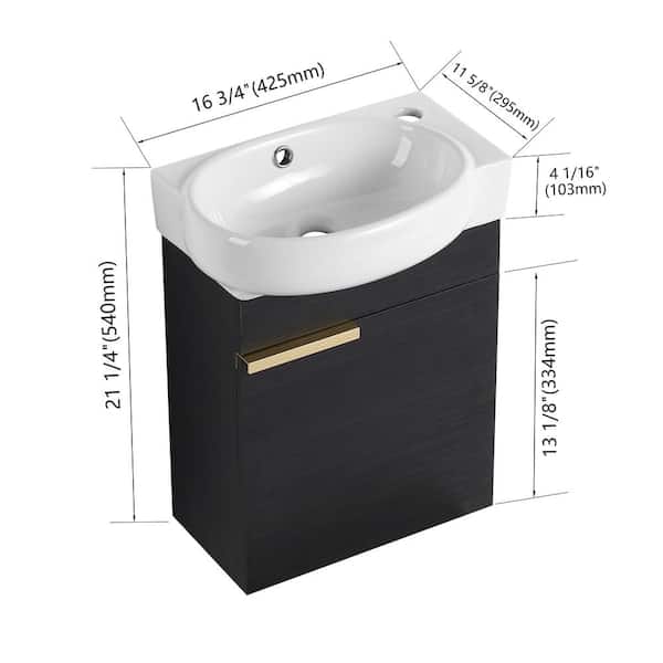 Modern 16.8 in. W x 11.6 in. D x 21.3 in. H Single Sink Wall Mount Bath Vanity in Black with White Ceramic Top