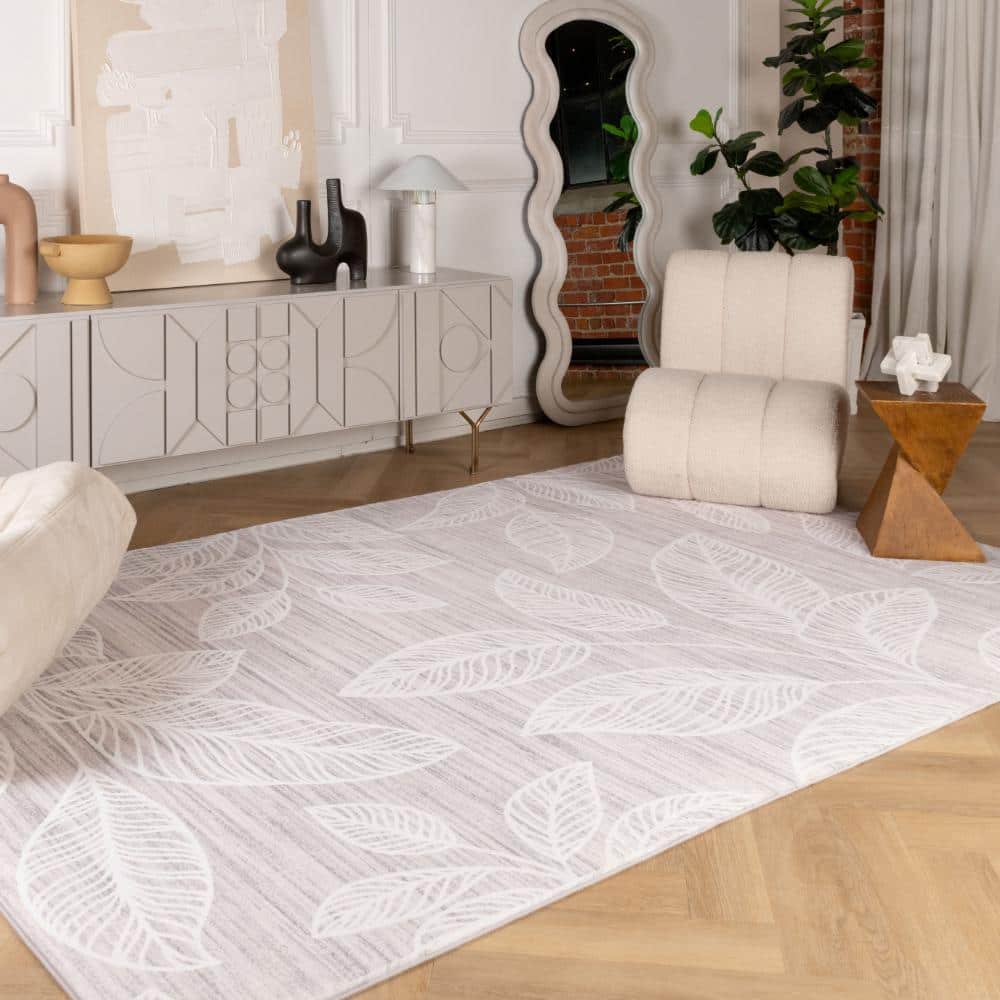 Modern Floral Cream Beige Synthetic Stain-Resistant Area Rug