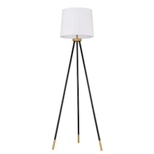 Timeless 61 in. Flat Black & Gold Finish Dimmable Tripod 1-Light Floor Lamp for Home w/ Off-White Fabric Shade