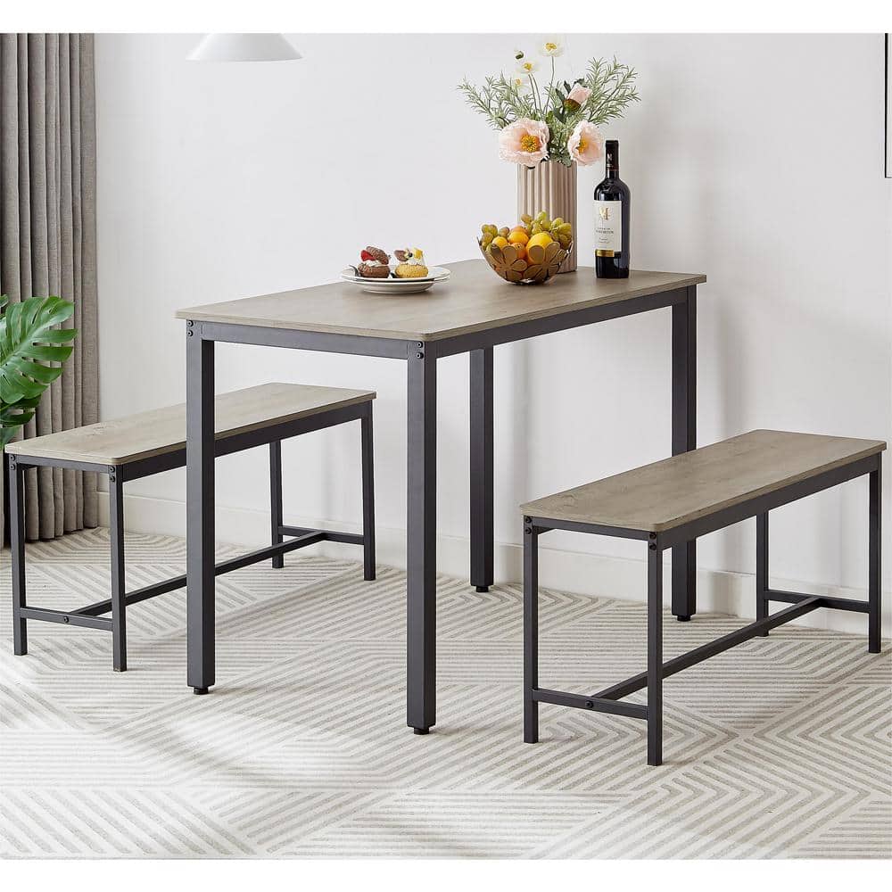 3-Piece Metal Outdoor Dining Set with Table and 2 Dining Benches for Yard G
