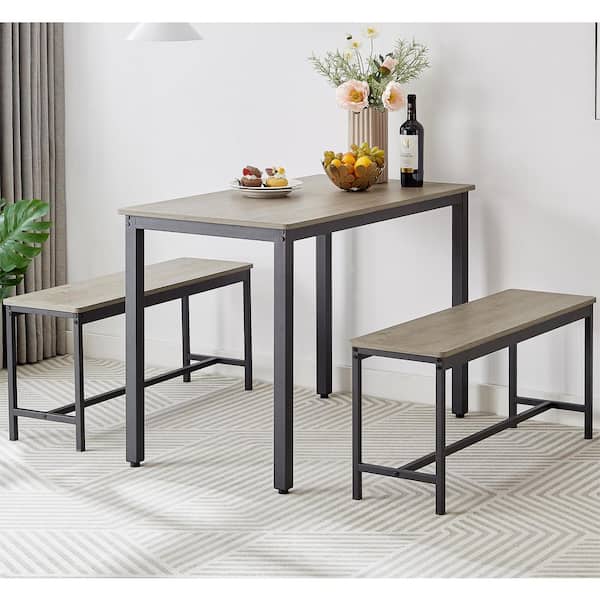 Unbranded 3-Piece Metal Outdoor Dining Set with Table and 2 Dining Benches for Yard Garden Porch, Gray