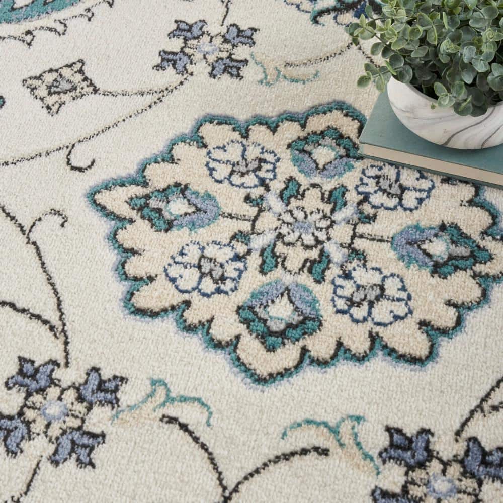 Ivory Blue Synthetic Runner Rug with Traditional Floral Pattern