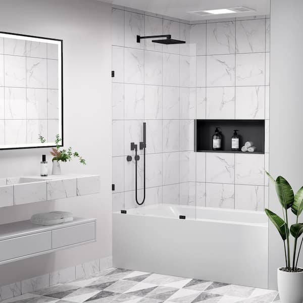34 in. x 58 in. Frameless Fixed Panel Tub Doors in Matte Black without Handle with clear Glass