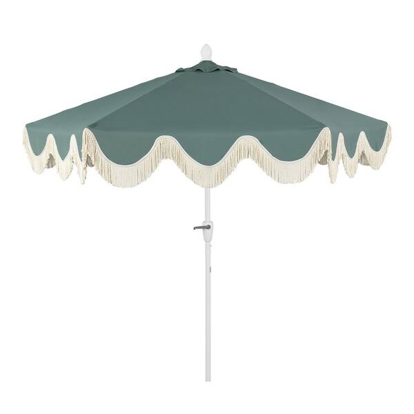Collins 9 ft. Cottage Tassel Market Patio Umbrella with Auto-Tilt Crank, Wind Vent and UV Protection in Green/Cream