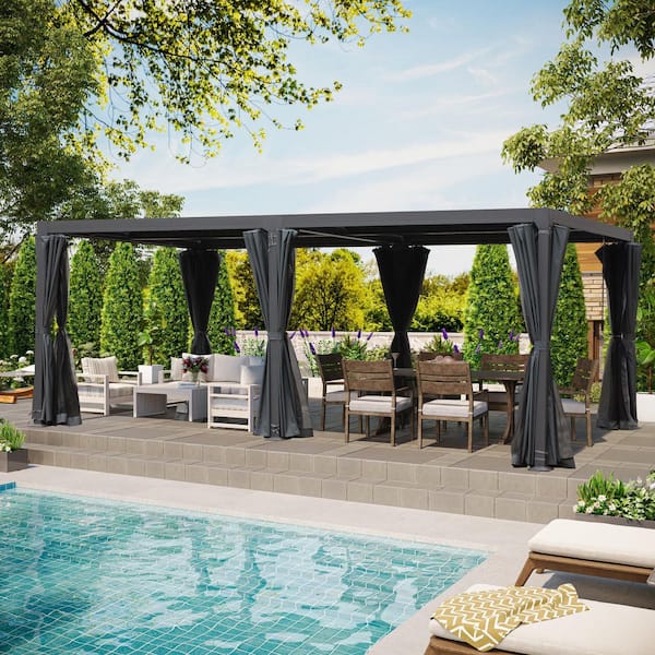 10 ft. x 20 ft. Black Aluminum Outdoor Adjustable Louvered Pergola with Waterproof Roof
