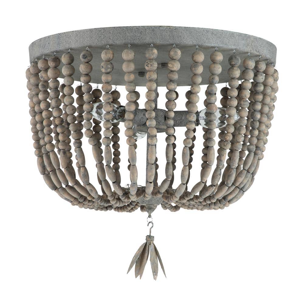 Vintage Gray Wood Beaded 3-Light Flush Mount Ceiling Fixture