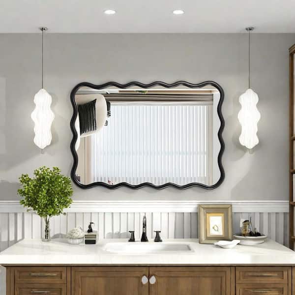 40 in. W x 28 in. H Rectangular Framed Floating Wall Bathroom Vanity Mirror in Black Finshed Solid Wood
