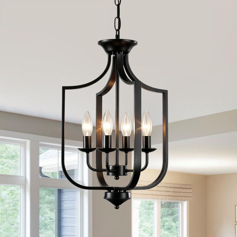 4 Light Black Farmhouse Lantern Chandelier with Open Cage Design & Adjustable Height for Dining Room, Kitchen Island price history on PriceWatchPro