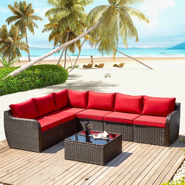 Cesicia 7-Pieces Wicker Outdoor Sectional Sofa Set 6-Person Seating Group with Red Cushions