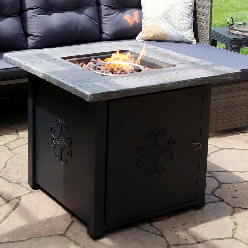30-Inch Square Black and Gray Stone Propane Fire Pit Table