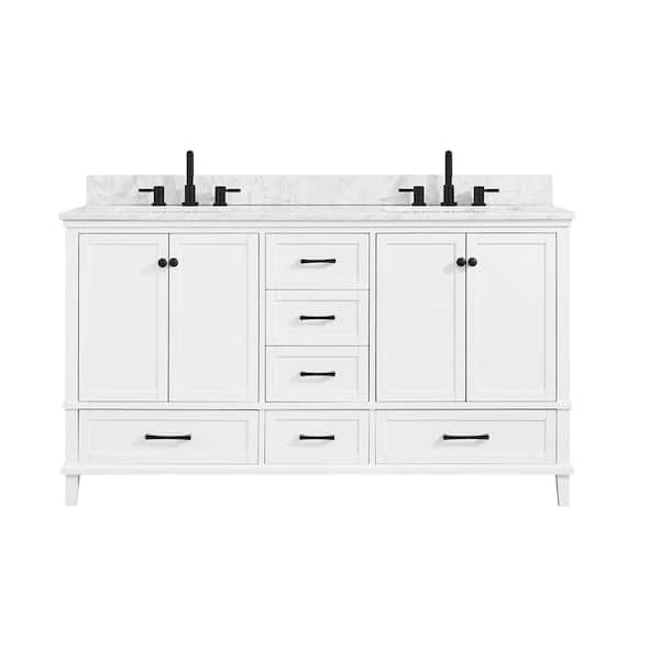Merryfield 61 in. Double Sink White Bath Vanity with White Carrara Marble Top (Assembled)