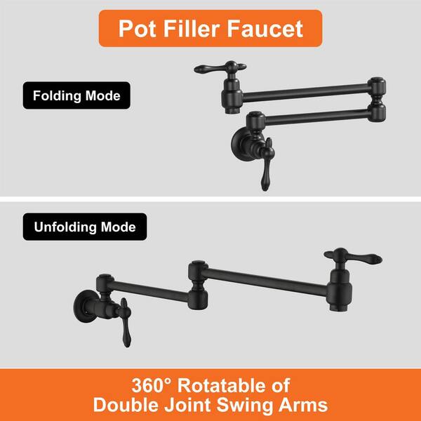 26 Inch Wall Mount Pot Filler Faucet - Solid Brass Matte Black Kitchen Folding Faucet With Swing Arms