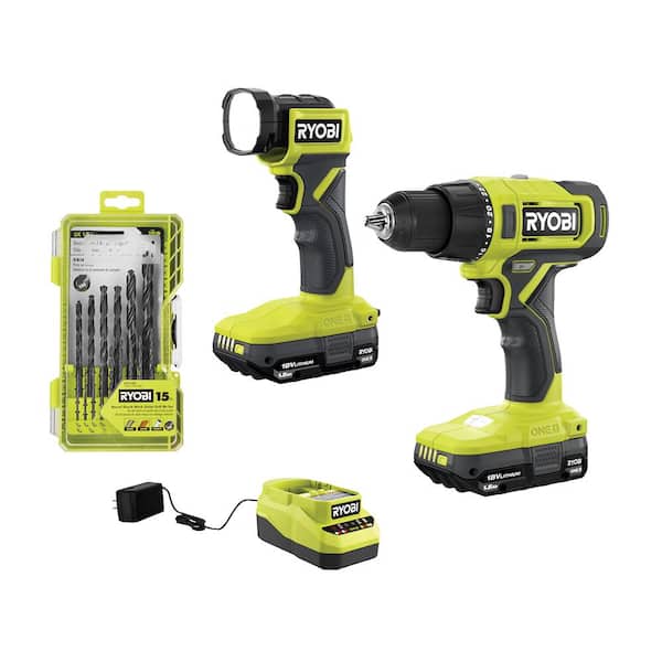 RYOBI ONE+ 18V Cordless 2-Tool Combo Kit w/ Drill/Driver, LED Light, (2) 1.5 Ah Batteries, Charger, and Bit Set (15-Piece)