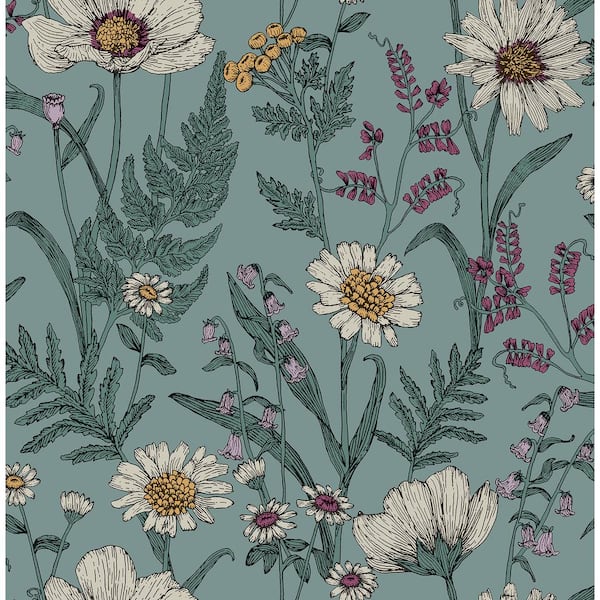Spring Meadow Blue Flowers Peel and Stick 8 in. x 10 in. Wallpaper Sample