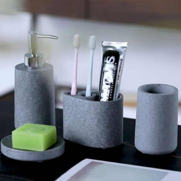 Grey Resin Bathroom Accessory Set, 5 Pcs Bathroom Accessories Set with Lotion Dispenser,Soap Dish,Toothbrush Holder,Vanity Tray,Qtip Holder