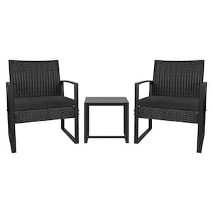 Black 3-Piece Patio Sets Steel Outdoor Wicker Patio Furniture Sets Outdoor Bistro Set with Black Cushion