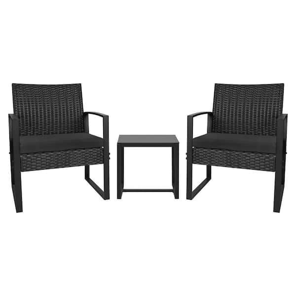 Tozey Black 3-Piece Patio Sets Steel Outdoor Wicker Patio Furniture Sets Outdoor Bistro Set with Black Cushion