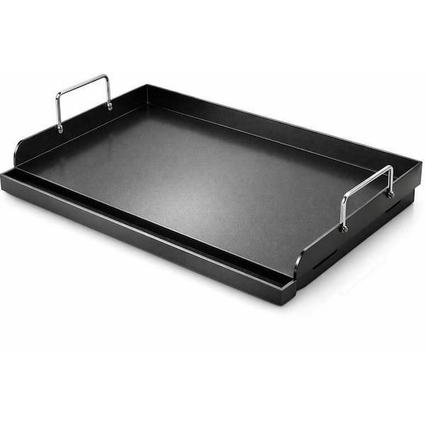 25 x 16 in. Cast Iron Nano-Ceramic Nonstick Grill Pan Flat Top Plate for Gas Charcoal Grills w Removable Handles