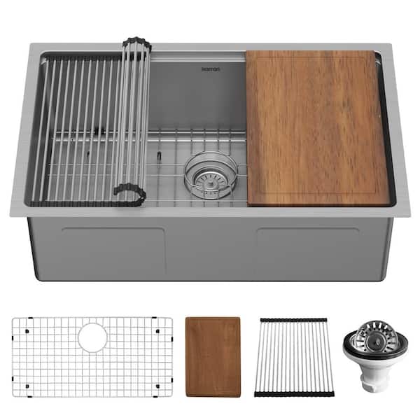 Karran 30 in. Undermount Single Bowl 16-Gauge Stainless Steel Workstation Kitchen Sink