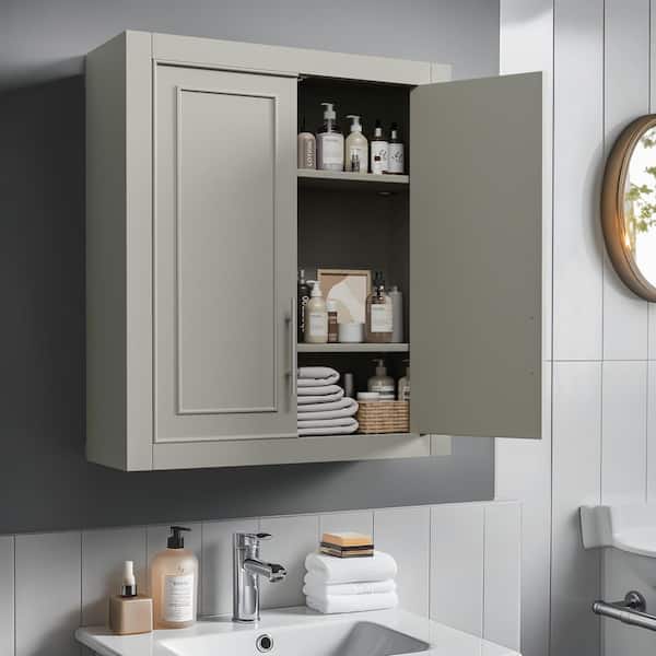26 in. Tall Gray Wood 2-Shelf Wall-Mounted Bookcase with Storage