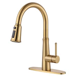 Single Handle Deck Mount Gooseneck Pull Down Sprayer Kitchen Faucet with Deckplate Included in Brushed Gold