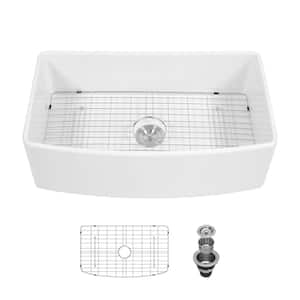 White Ceramic 33 in.  Arch Edge Farmhouse/Apron Front Single Bowl Kitchen Sink with Grid and Strainer